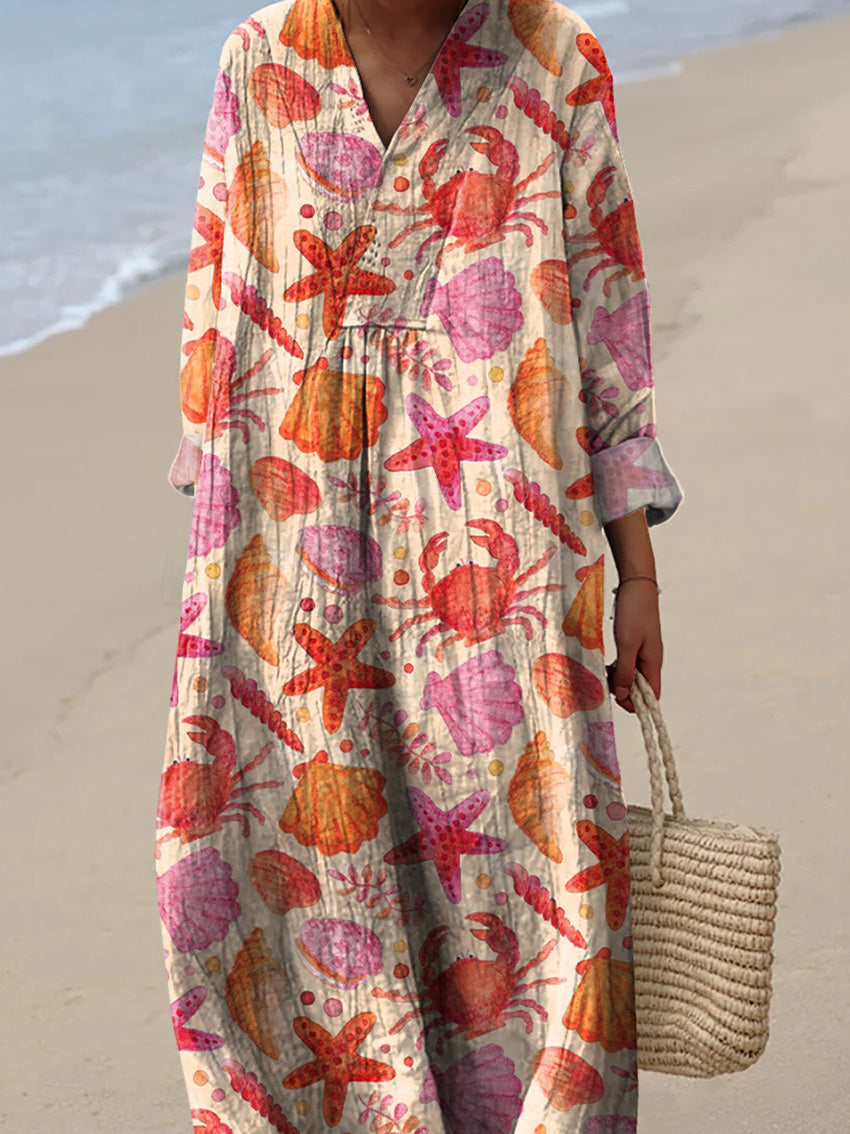Watercolor Starfish And Seashell Pattern Printed Women's Dress