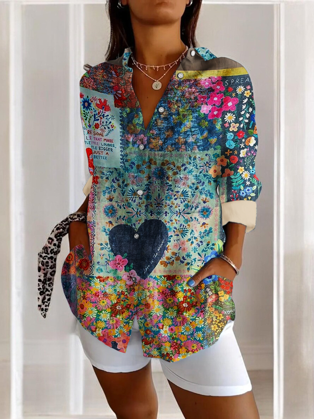 V Neck Long Sleeve Geometric Regular Micro-Elasticity Regular Fit Shirt For Women