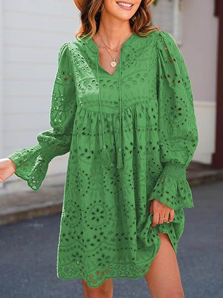 Women's Fringed V-neck Long-sleeve Hollow Lace Stylish Solid Color Cotton Dress