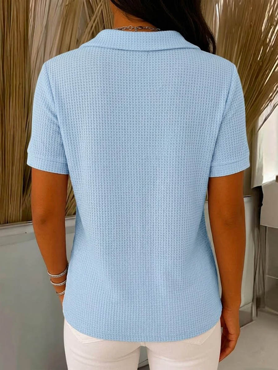 Women's Solid-color V-neck Short-sleeve Casual Waffle-knit Cotton Top