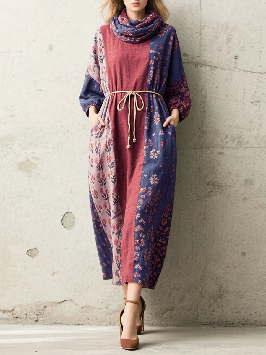 Women's Retro Floral Turtleneck Long Sleeve Casual Loose Linen Dress