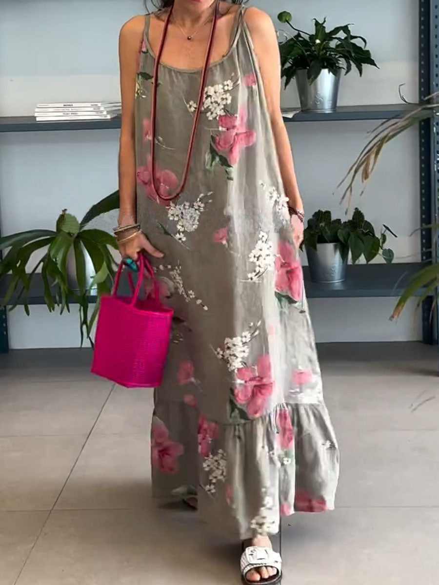 Women's Round Neck Sleeveless Retro Floral Print Casual Loose Cotton and Linen Slip Dress