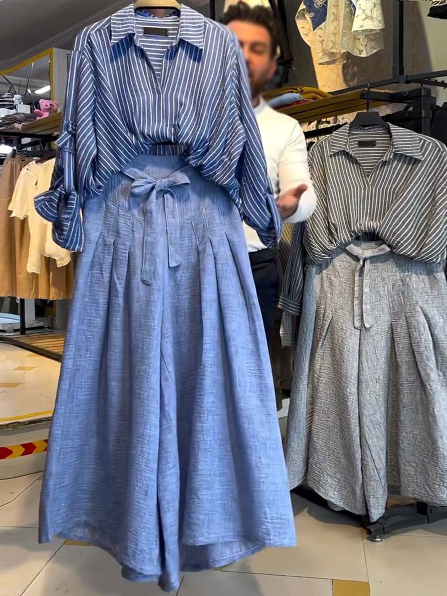 Women's Lapel Striped Print Long-Sleeved Shirt and High-Waisted Tie-Back A-Line Casual Cotton and Linen Skirt Set