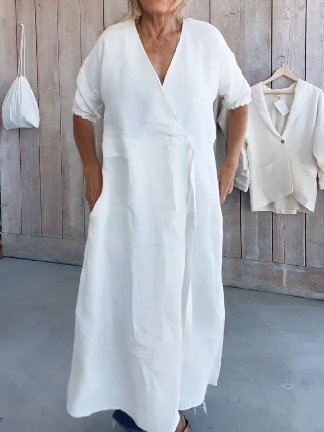 Women's Solid Color Wrap-around Tie Pocket Linen Dress