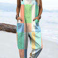 Women's Bright Color Block Abstract Art Print Casual 100% Cotton Wide Leg Jumpsuit
