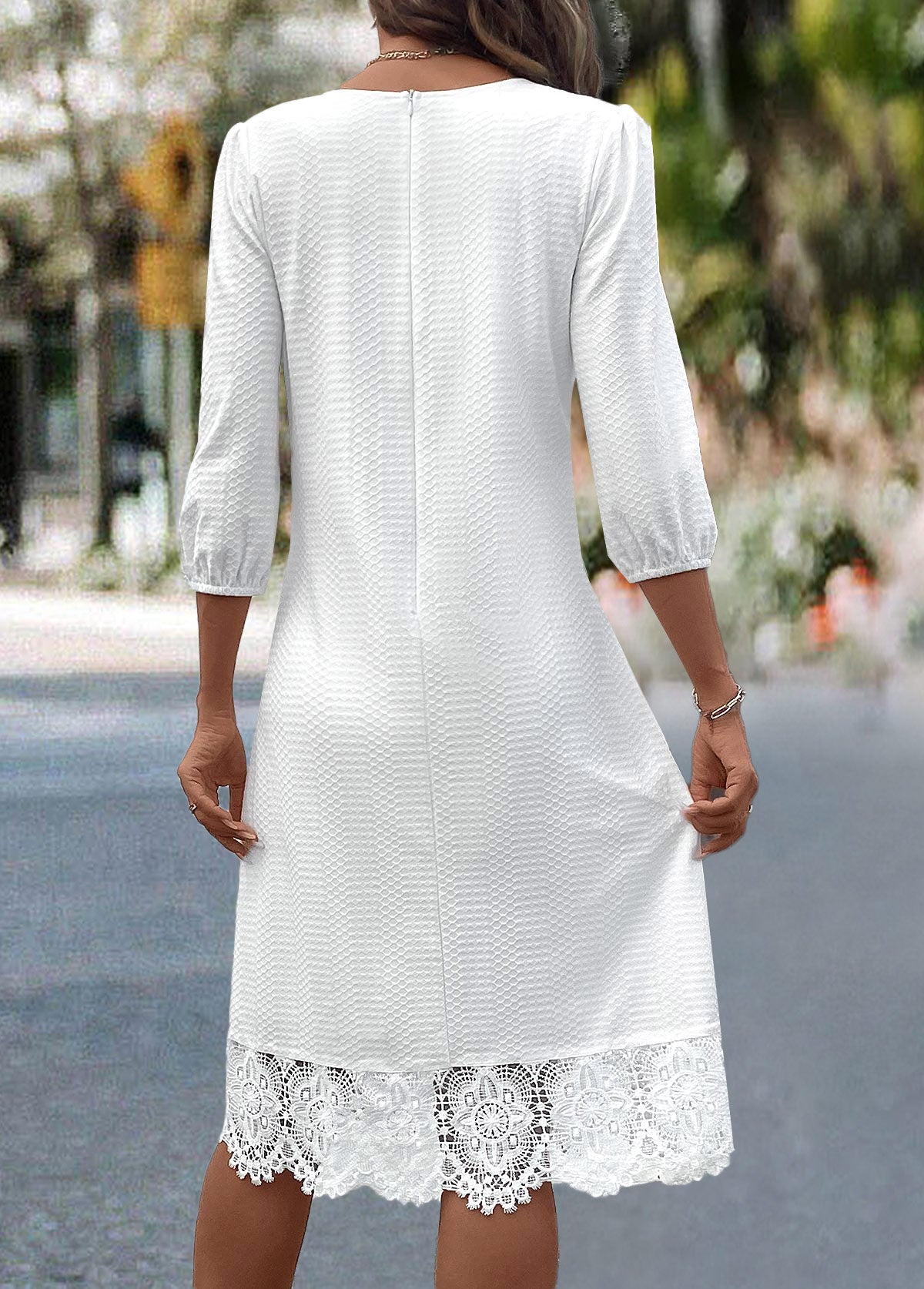 White Patchwork A Line 3/4 Sleeve V Neck Dress