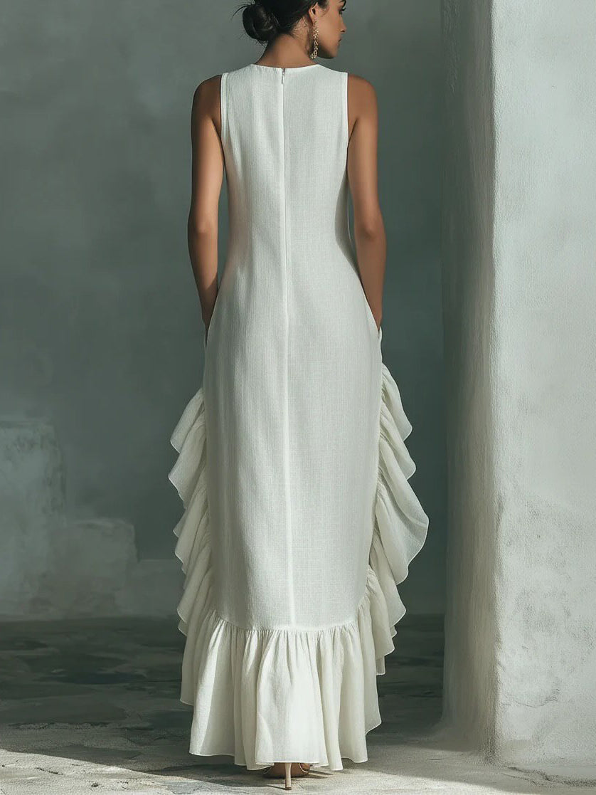 Elegant Ruffled Hem Cotton And Linen Maxi Dress