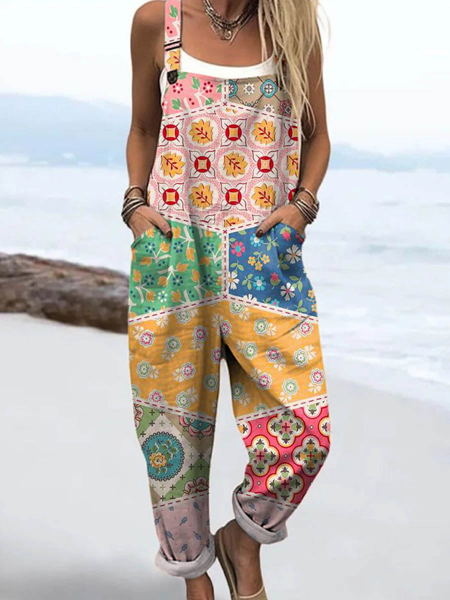 Women's Vintage Floral Patchwork Pattern Art Print Casual 100% Cotton Wide Leg Jumpsuit