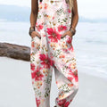 Women's Vintage Flowers Art Print Casual 100% Cotton Wide Leg Jumpsuit