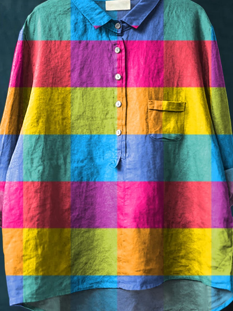 Women's Colorful Plaid Art Print Casual Cotton And Linen Shirt