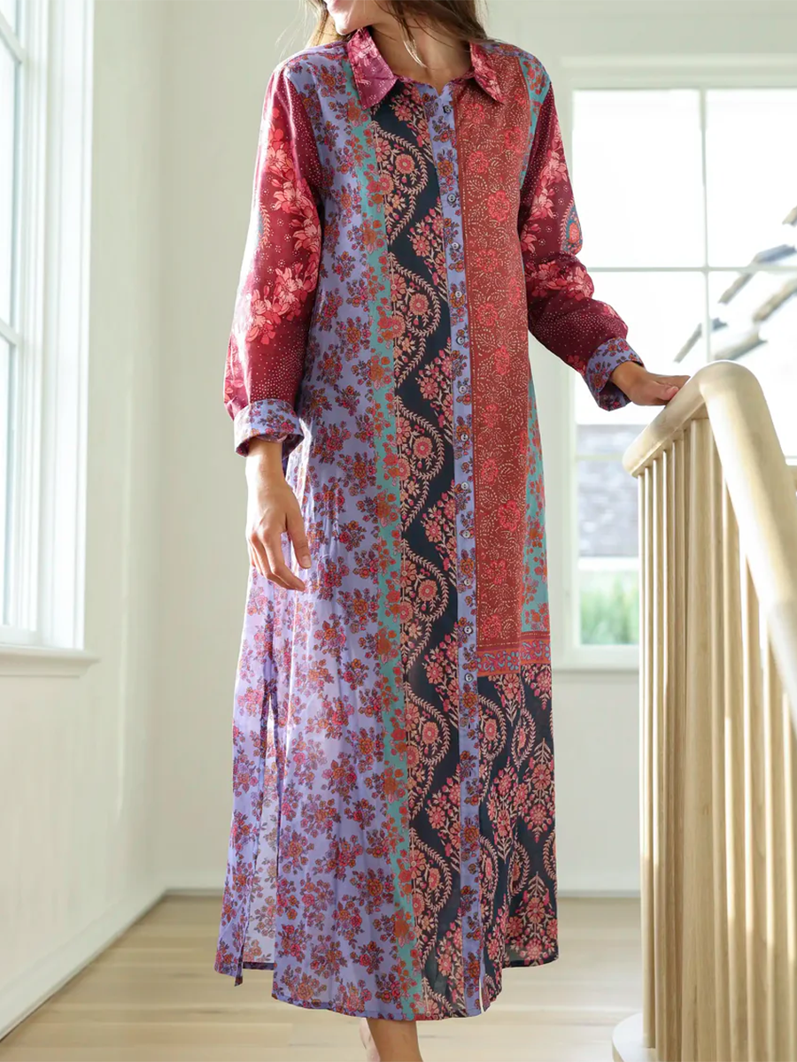 Bohemian Floral Patchwork Print Shirt Slit Dress