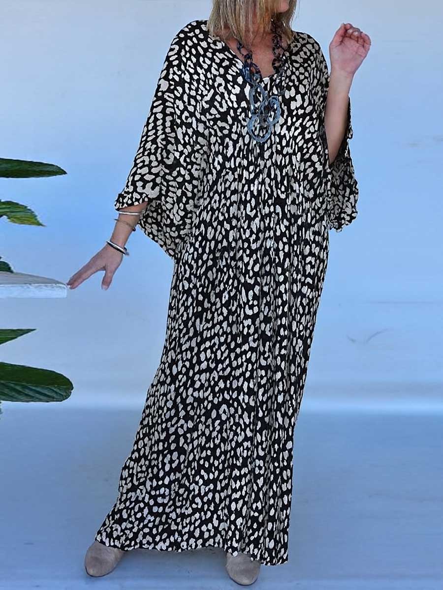 Women's Leopard Print V-Neck Long Sleeve Casual Cotton Dress
