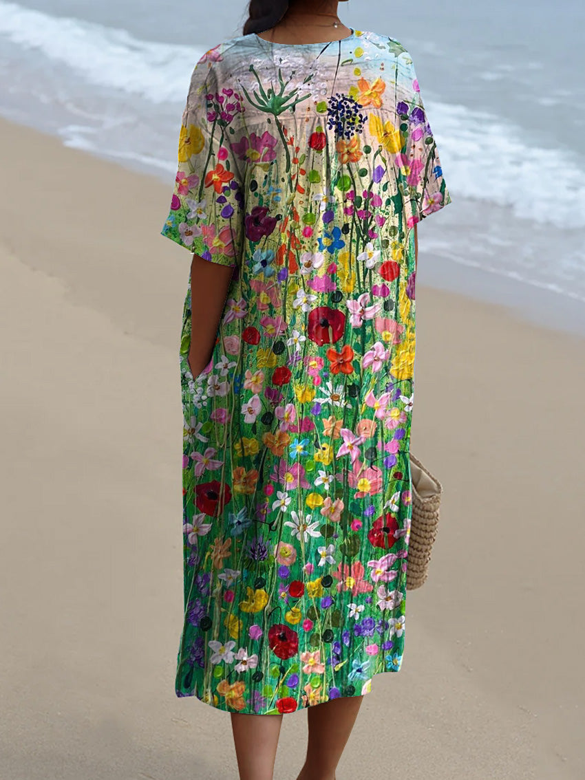 Oil Painting Summer Garden Art Printed Women's Flowy Dress