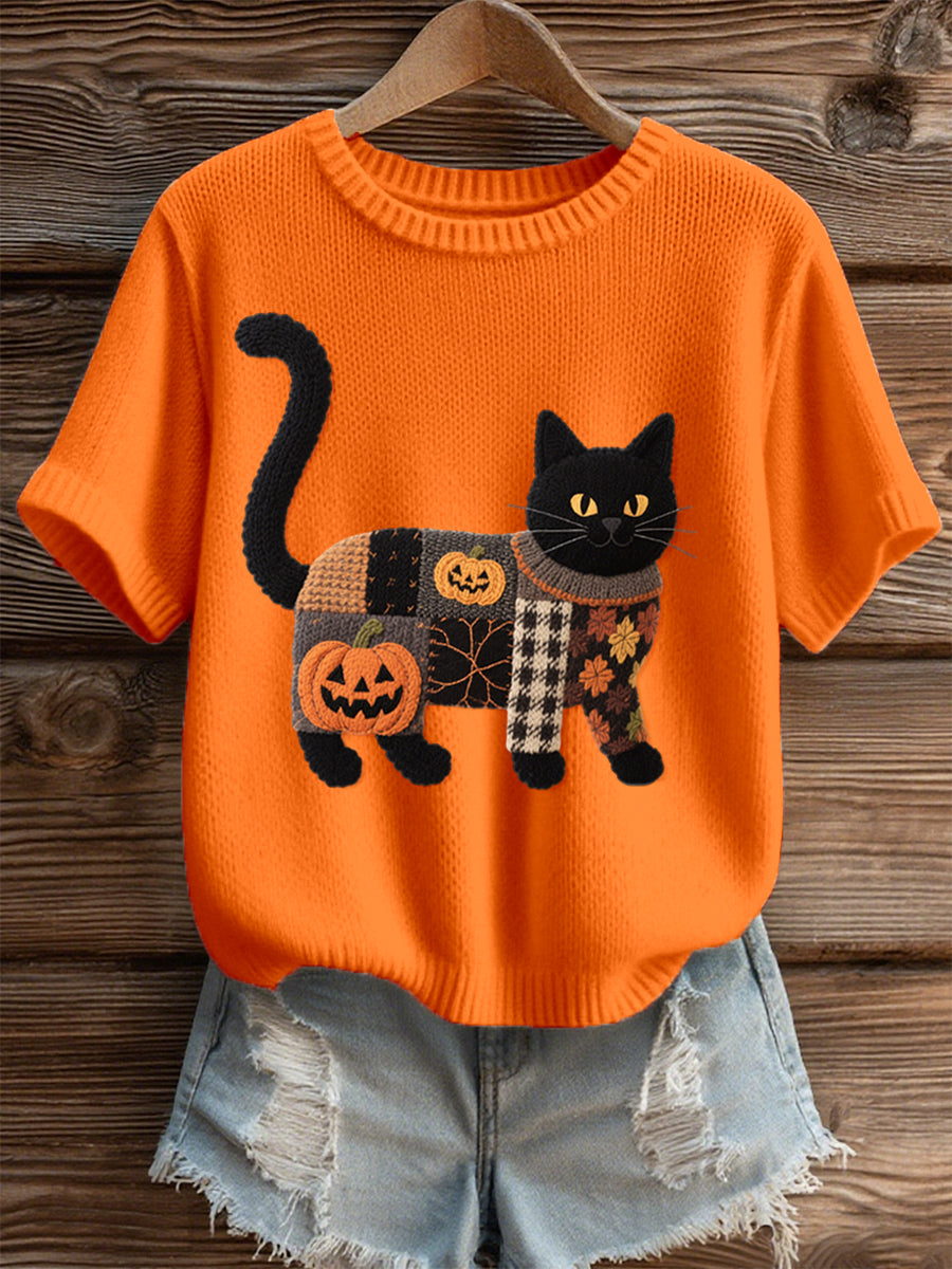 Women's Halloween Black Cat Embroidered Cozy Knit Top