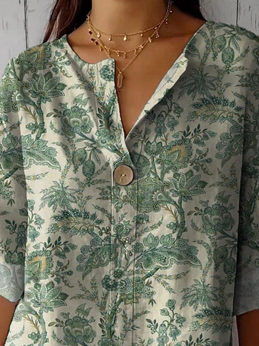 Vintage Style Green Garden Pattern Printed Women's Casual Cotton Linen Shirt