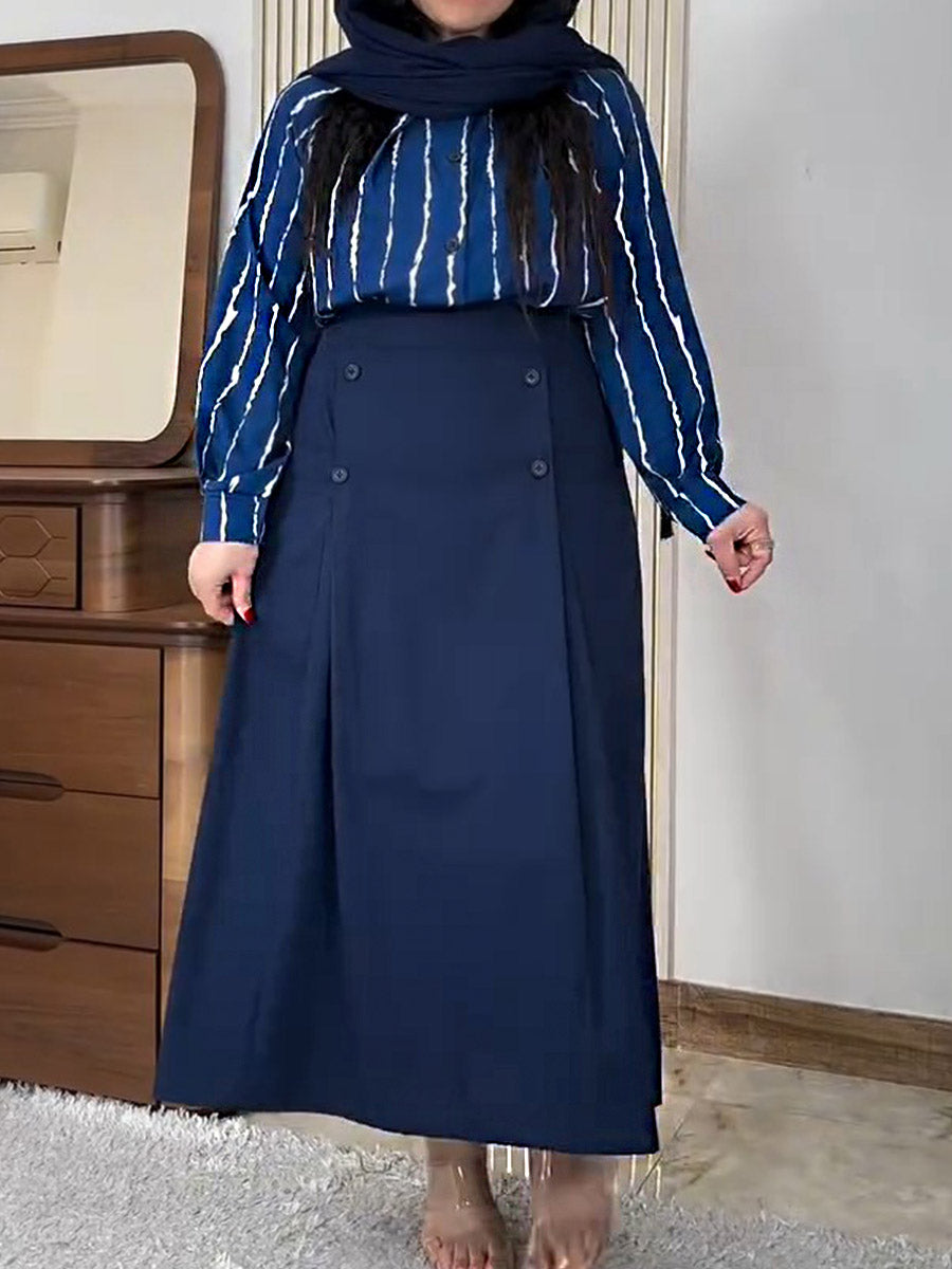 Women's Stripe Print Stand Collar Long Sleeves Casual Cotton and Linen Tops High Waist Casual Cotton and Linen Skirt Set