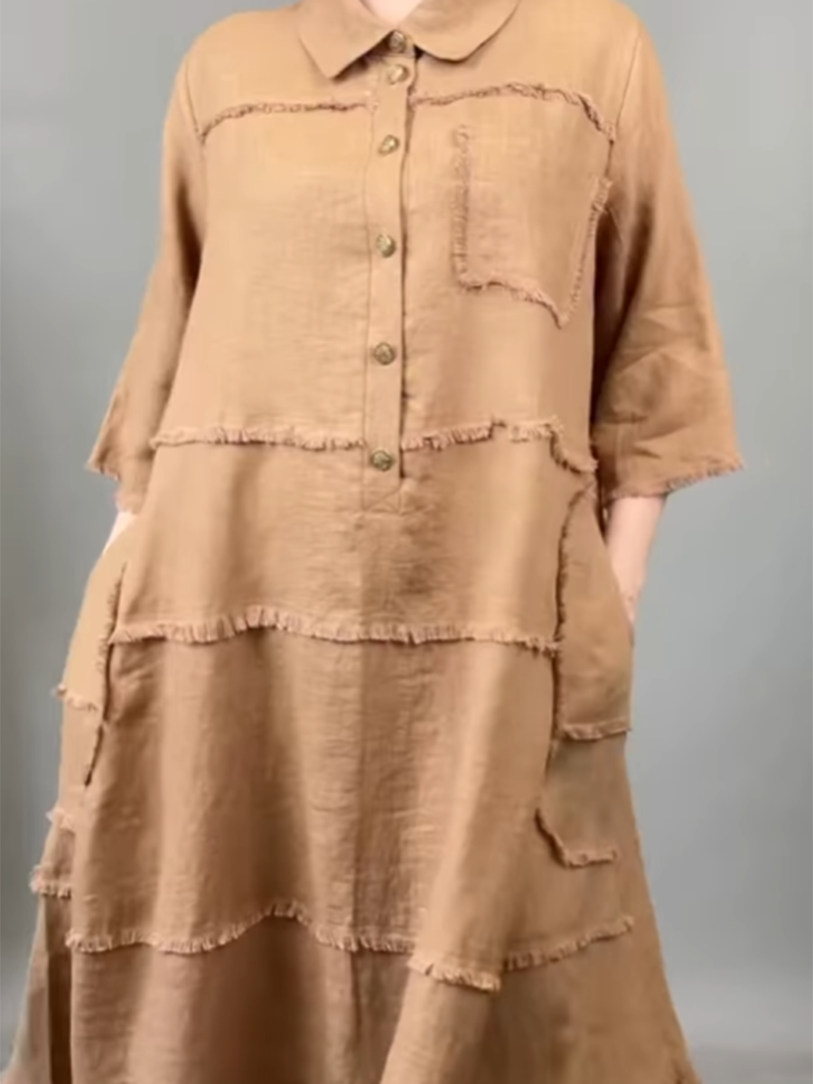 Women's Tassel Pocket Linen Shirt Dress