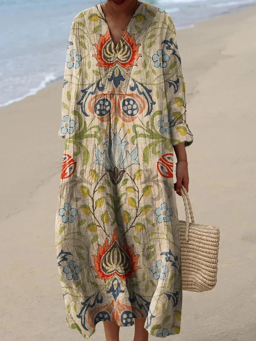 Women's Vintage Floral Art Print Pocket V-neck Cotton Dress