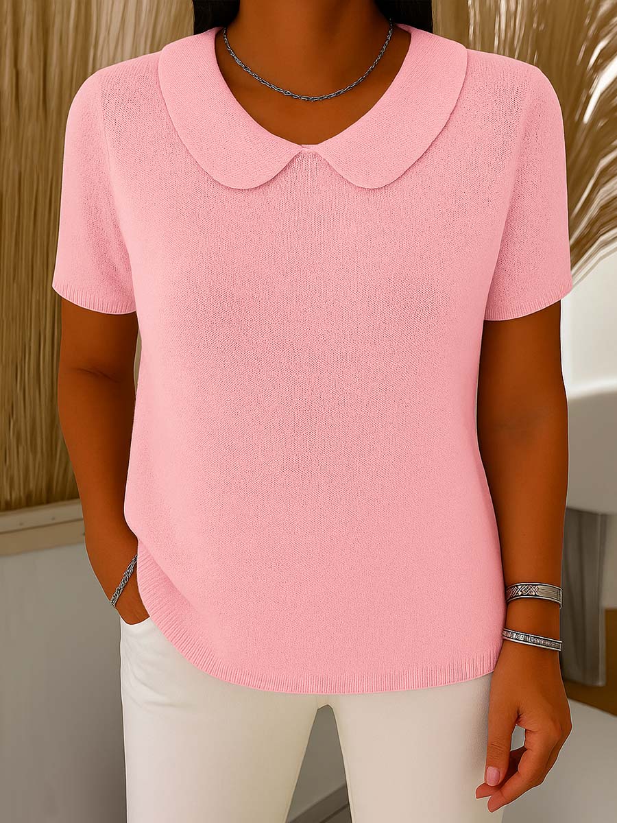 Women's Solid Color Peter Pan Collar Short Sleeve Knit Sweater
