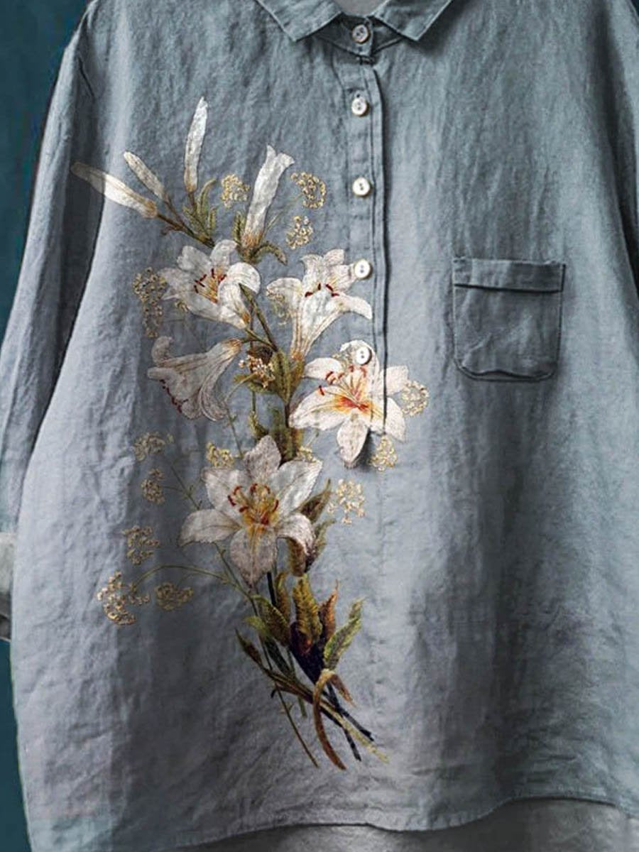 Women's Vintage Elegant Lily Art Print Casual Cotton And Linen Shirt