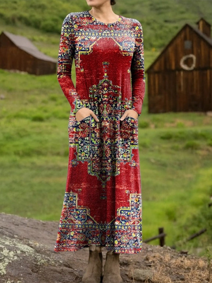 Autumn and Winter Retro Totem Print Stretch Dress