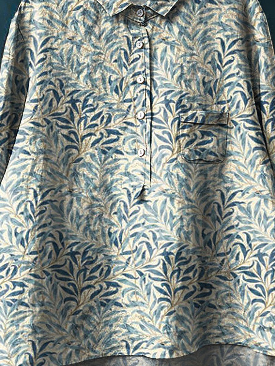 Women's Vintage Floral Art Print Casual Cotton And Linen Shirt