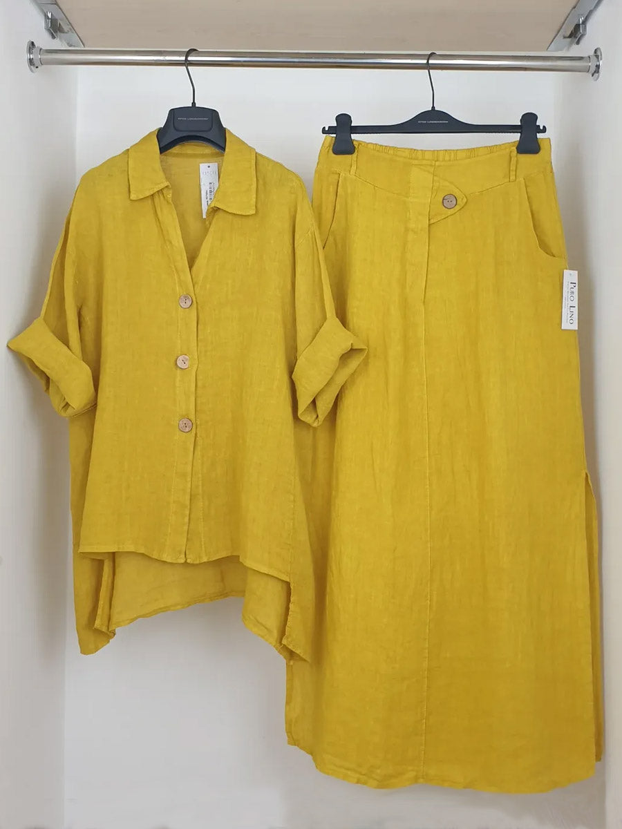 Women's Solid Color Shirt Collar 3/4 Sleeves Casual Linen Cardigan Top Semi-Elastic High Waist Casual Skirt Linen Suit