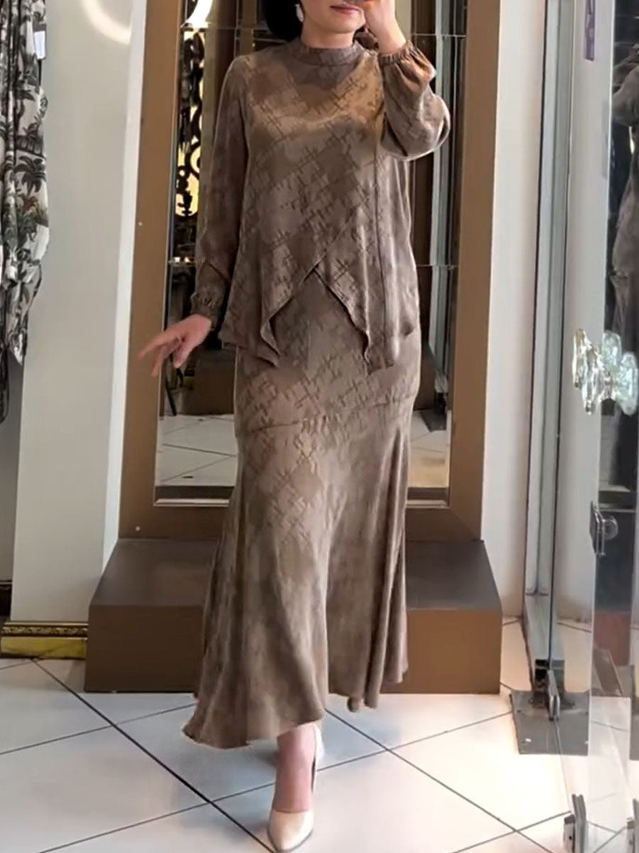 Women's Abstract Geometric Print Round Neck Long-Sleeved Casual Loose-Fit Stretch Top with High-Rise Elastic Waist Skirt Set