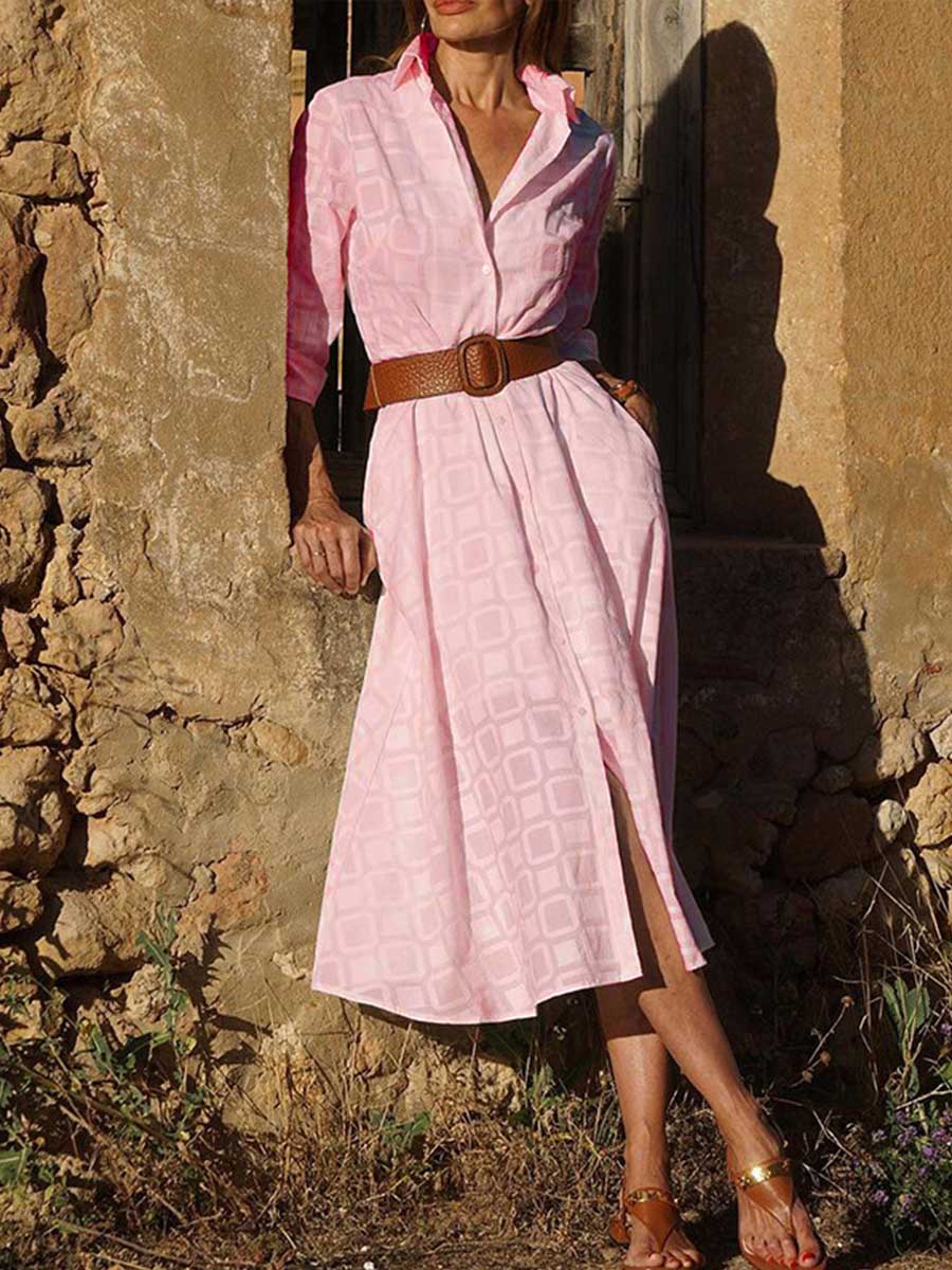 Women's Geometric Print Lapel 3/4 Sleeve Casual Cotton and Linen Shirt Dress