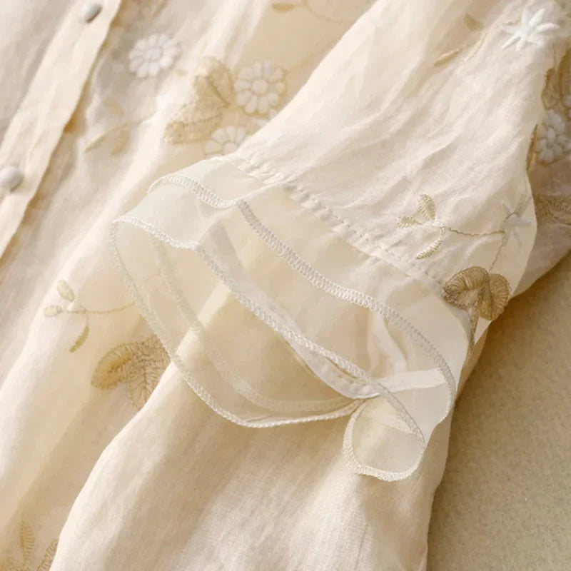 Women's Summer 3/4 Sleeve Cotton Linen Tops Oversized Vintage Mexican Embroidered Shirts Casual V Neck Boho Blouses