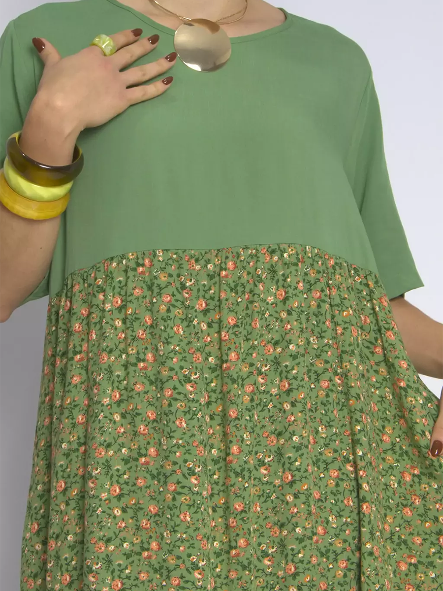 Women's Natural Floral Print Patchwork Cotton Dress