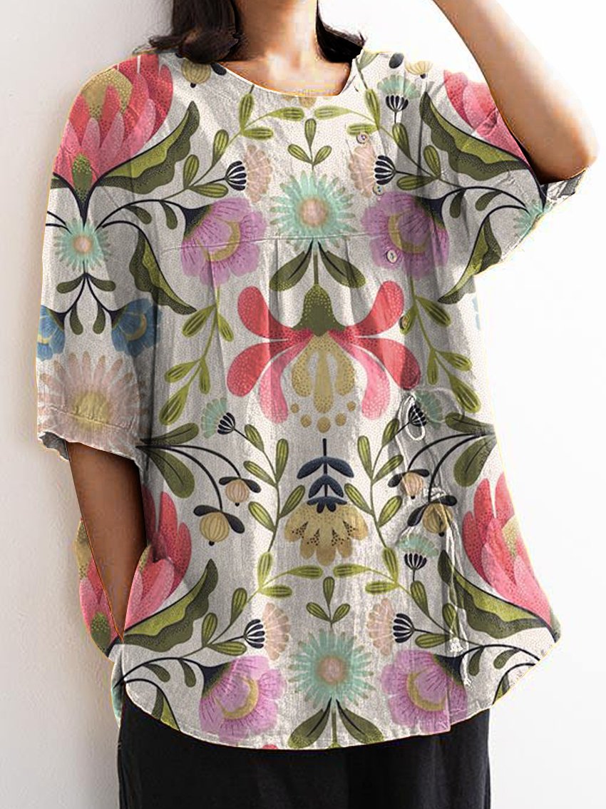 Women's Flowers and Flowers Print Casual Cotton And Linen Shirt