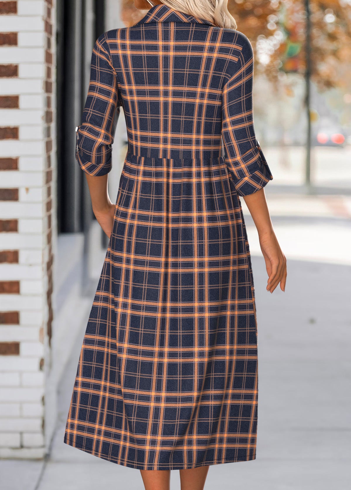 Navy Button Plaid Long Sleeve Shirt Collar Dress
