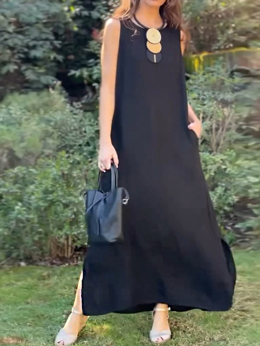 Women's Solid Color Round Neck Sleeveless Vest Cotton and Linen Dress