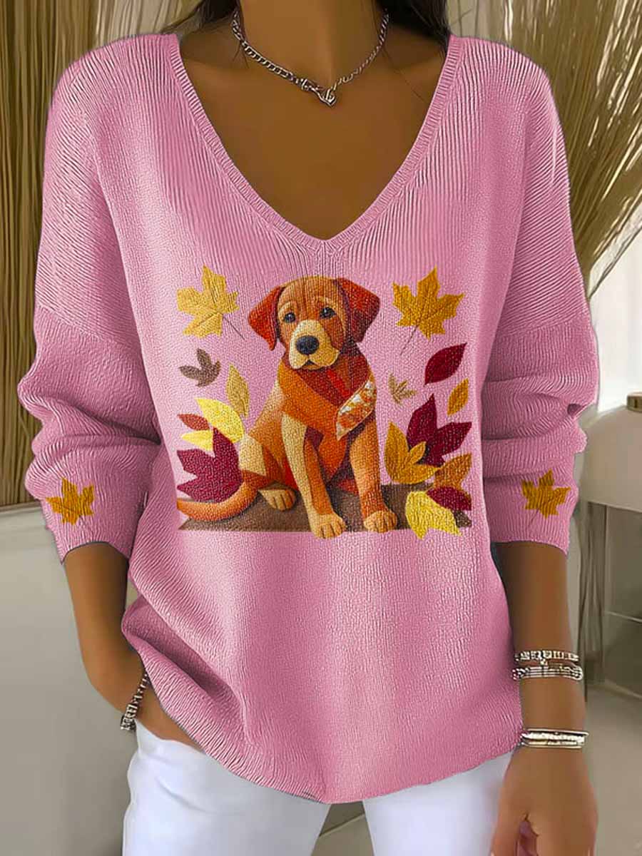 womens-lovely-autumn-dog-art-print-casual-pullover-sweater