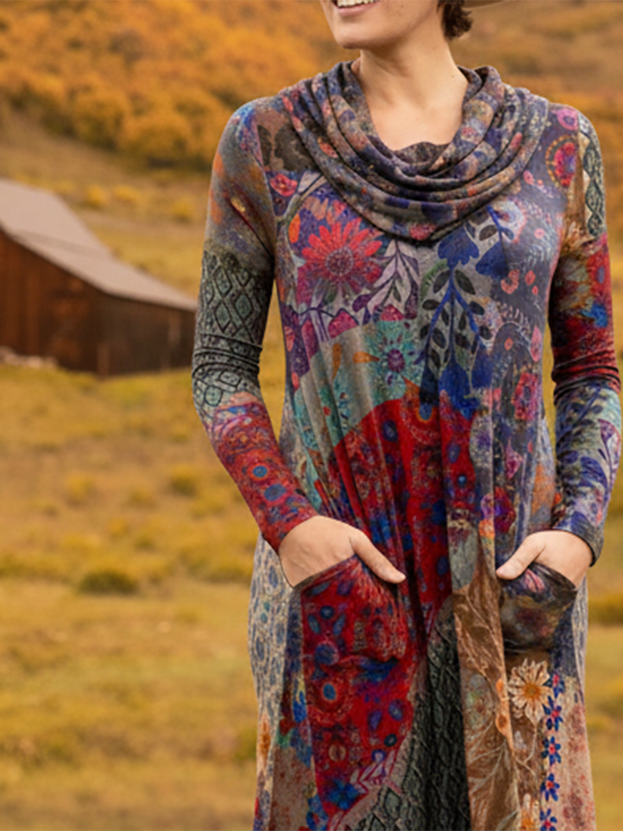 Women's Boho Boat-Shaped Collar Floral Print Stretch Dress