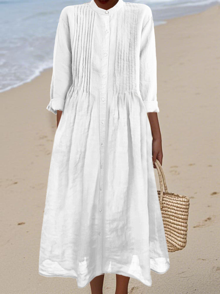Women's Pleated Cotton and Ramie Long-sleeved Dress