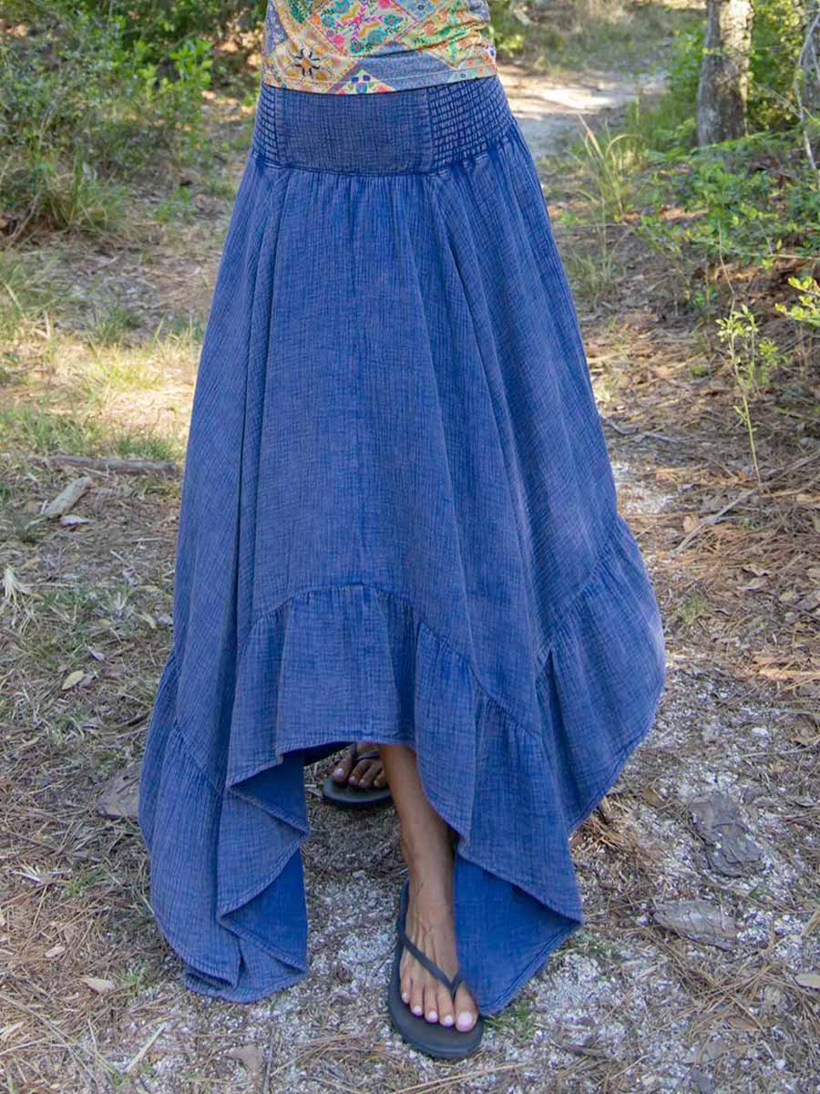 Women's Solid Color Elastic Waist Casual Cotton and Linen Skirt Off-the-Shoulder Dress Two-Way Dress