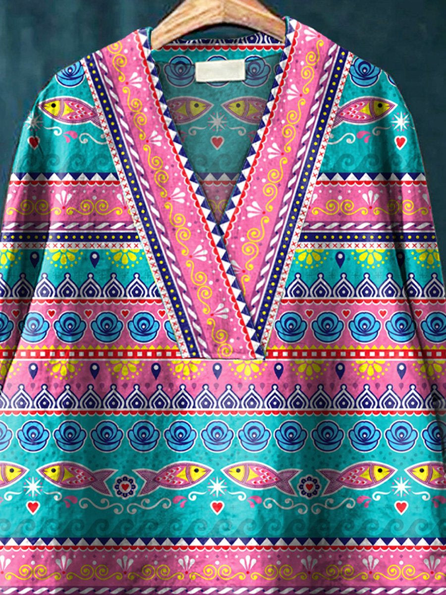 Ethnic Style Fish Pattern Printed Women's Casual Cotton And Linen V-Neck Shirt