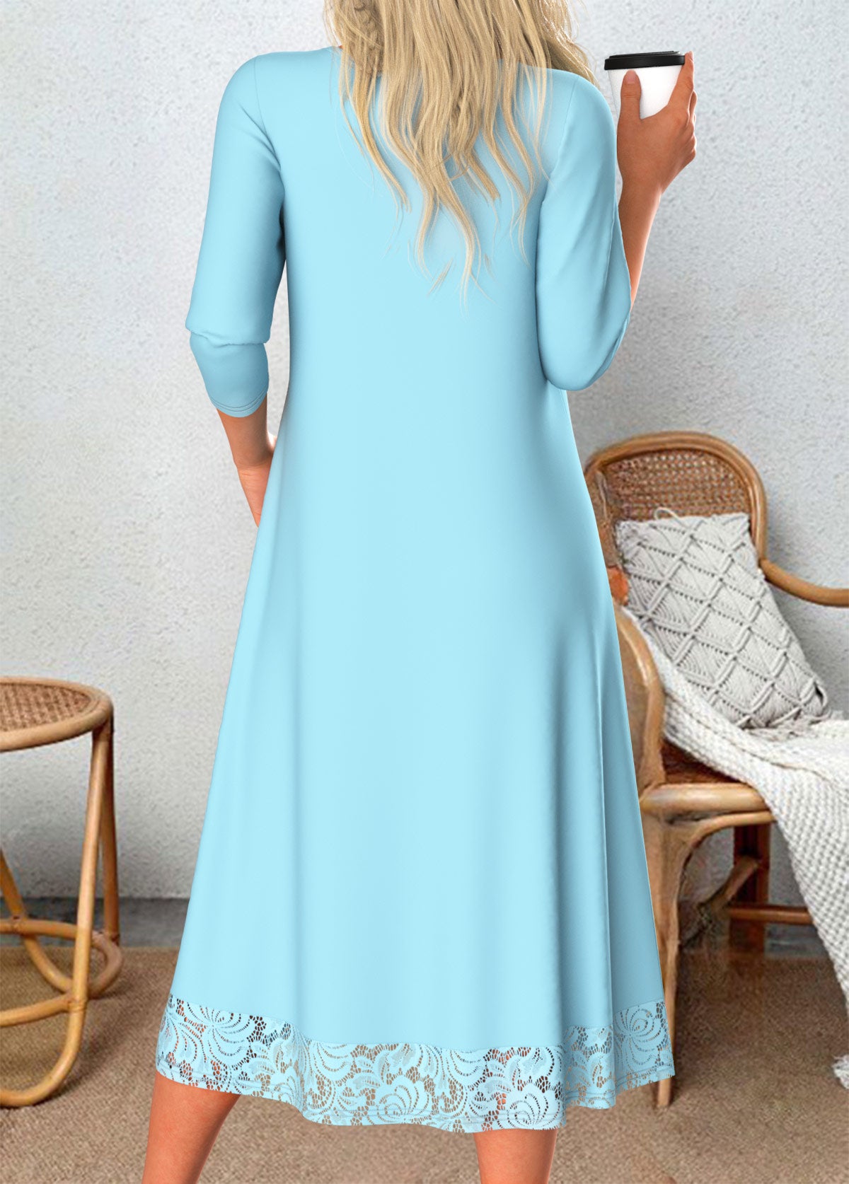 Light Blue Patchwork A Line 3/4 Sleeve Dress