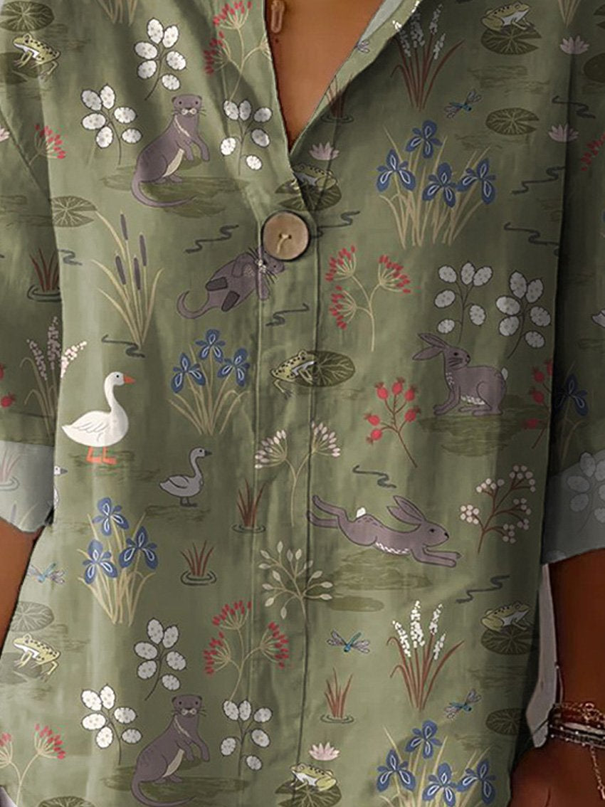 Spring Pond And Animal Pattern Printed Women's Casual Cotton Linen Shirt