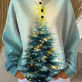 Women's Christmas Tree Pattern Art Print Casual Waffle Henry Collar Sweatshirt