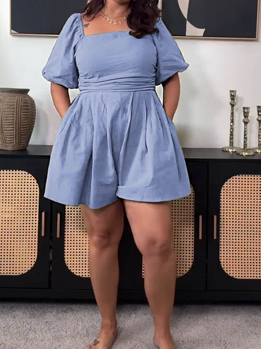 Women Solid Color Square Neck Short Sleeves Elastic Waist Casual Linen Wide Leg Jumpsuit