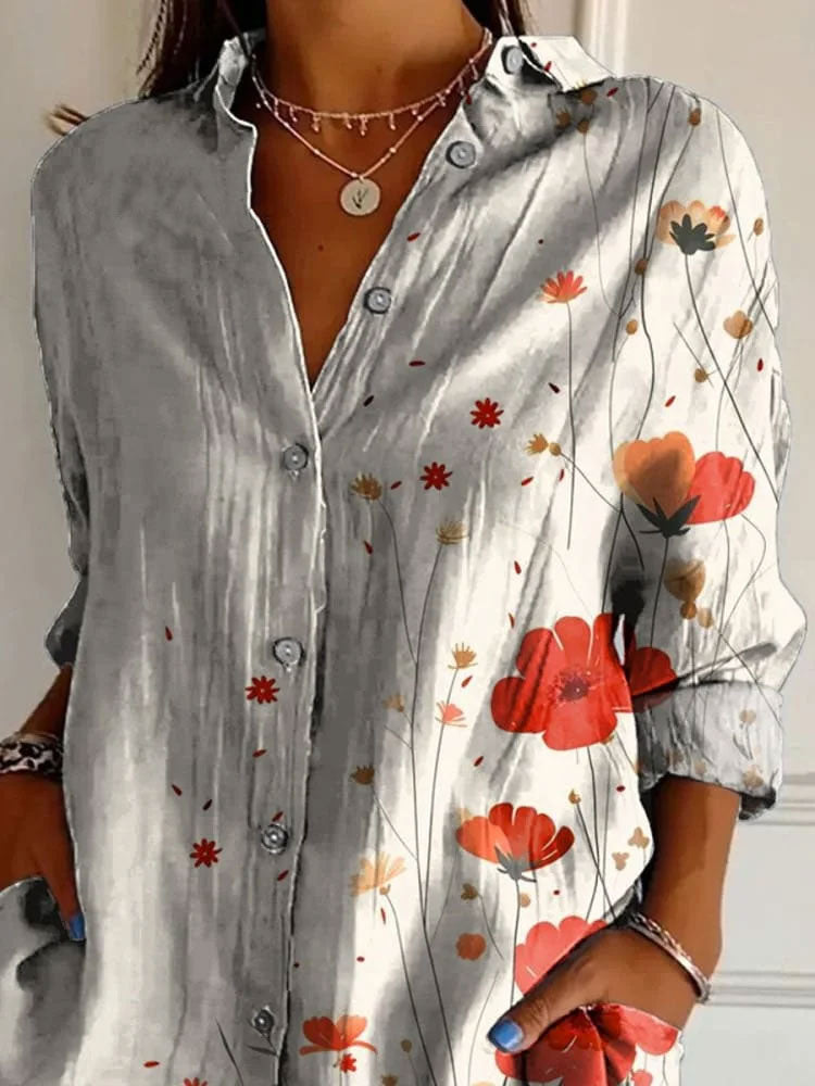 Watercolor Poppy Floral Art Pattern Printed Women's Casual Cotton Shirt