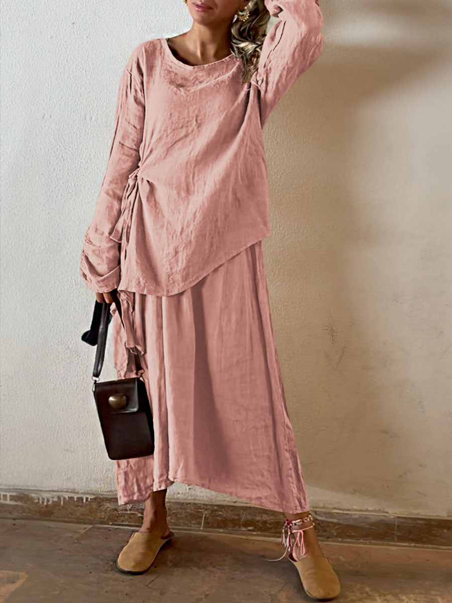 Women's Solid Color Round Neck Long Sleeve Casual Cotton and Linen Top Elastic Waist Skirt Set