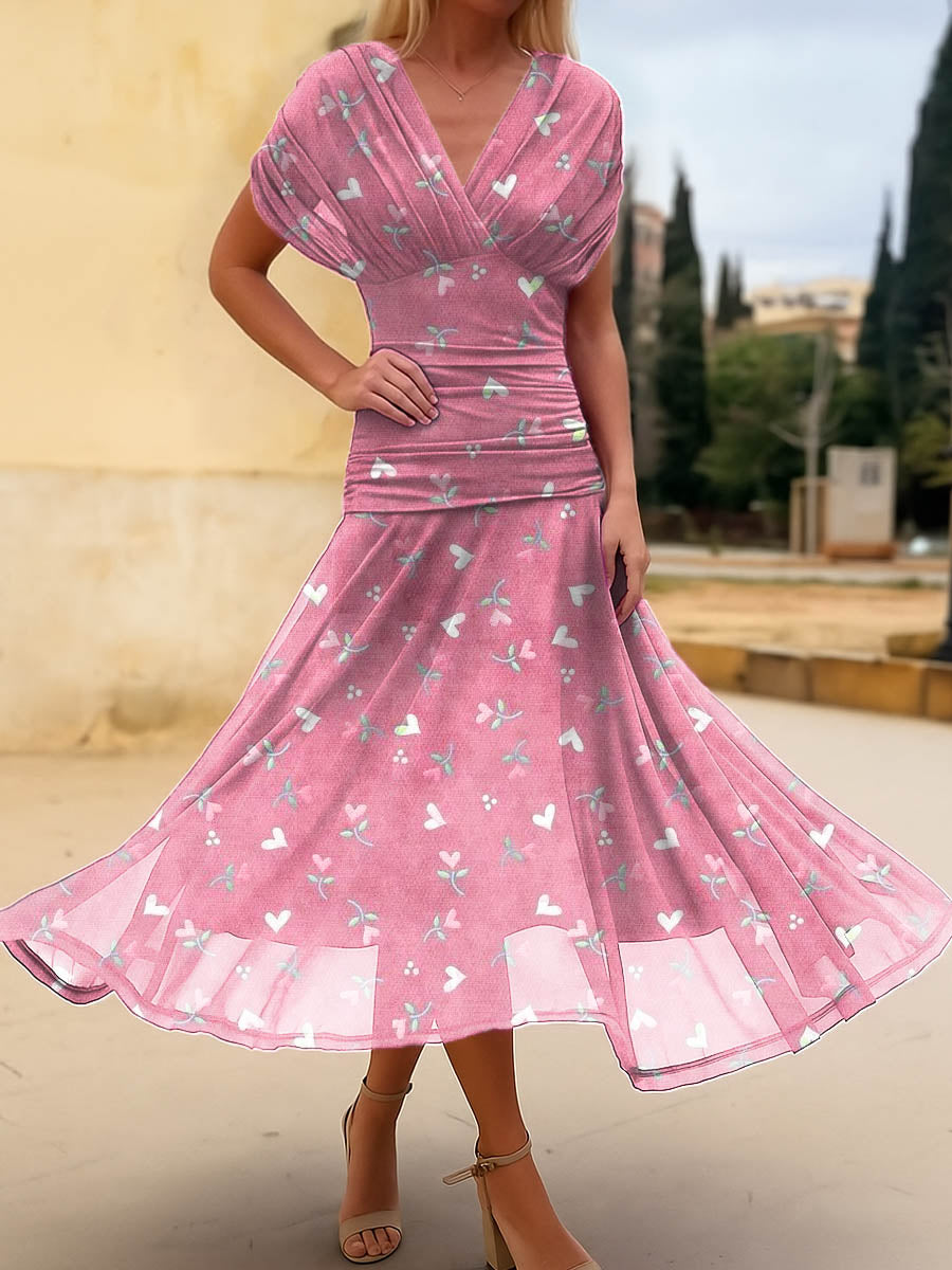 Women's Floral Hearts Pattern Art Print Casual Cotton Dress