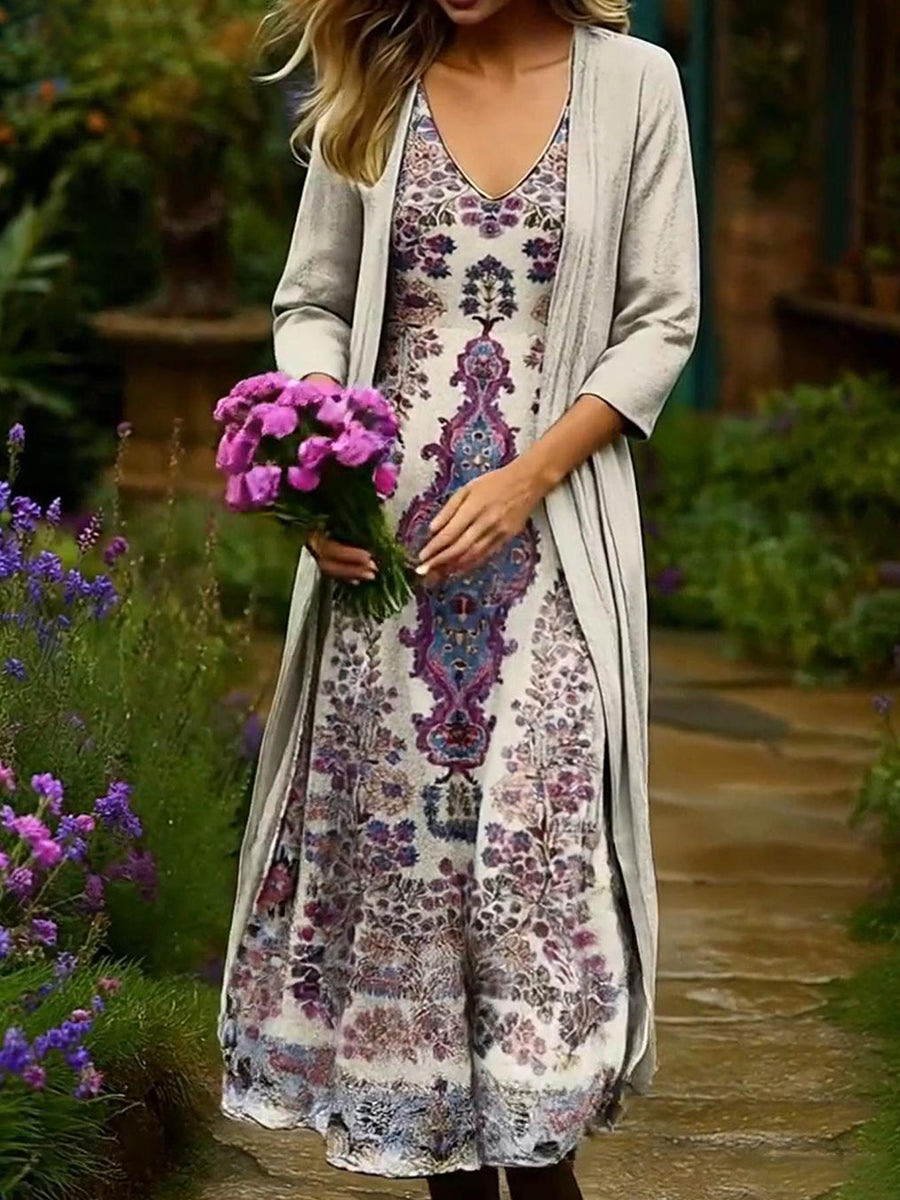 Women's Floral Print Cardigan Dress Two-piece Set