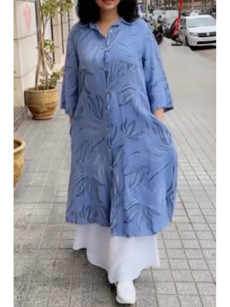 Women's Cotton and Linen Floral Print Shirt Dress