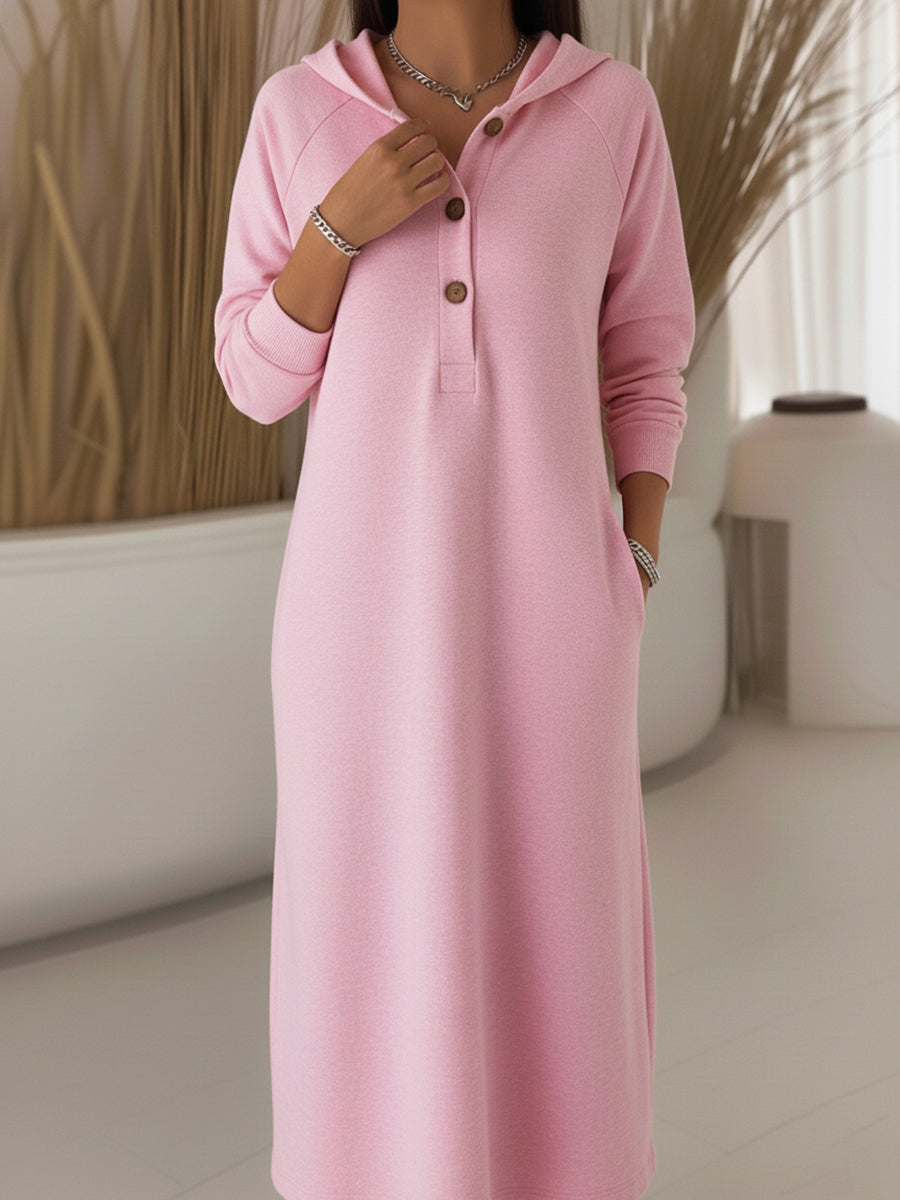 Women's Casual Loose Hooded Button Sweatshirt Dress
