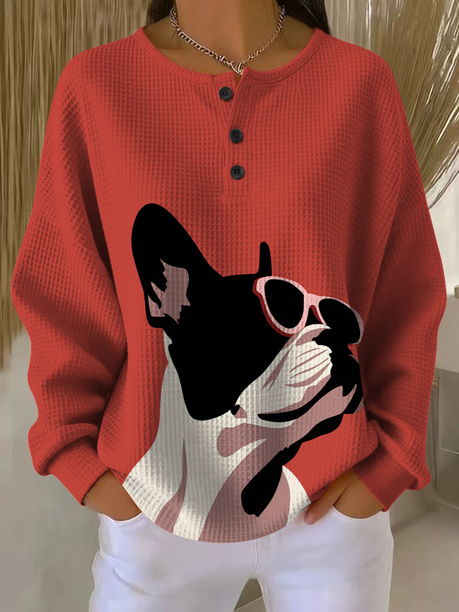 Women's  French Bulldog Wearing Sunglasses On Red Background  Art Print Casual Waffle Henry Collar Sweatshirt